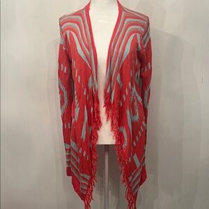 Umgee Coral and Light Blue Geometric Fringe Open Cardigan